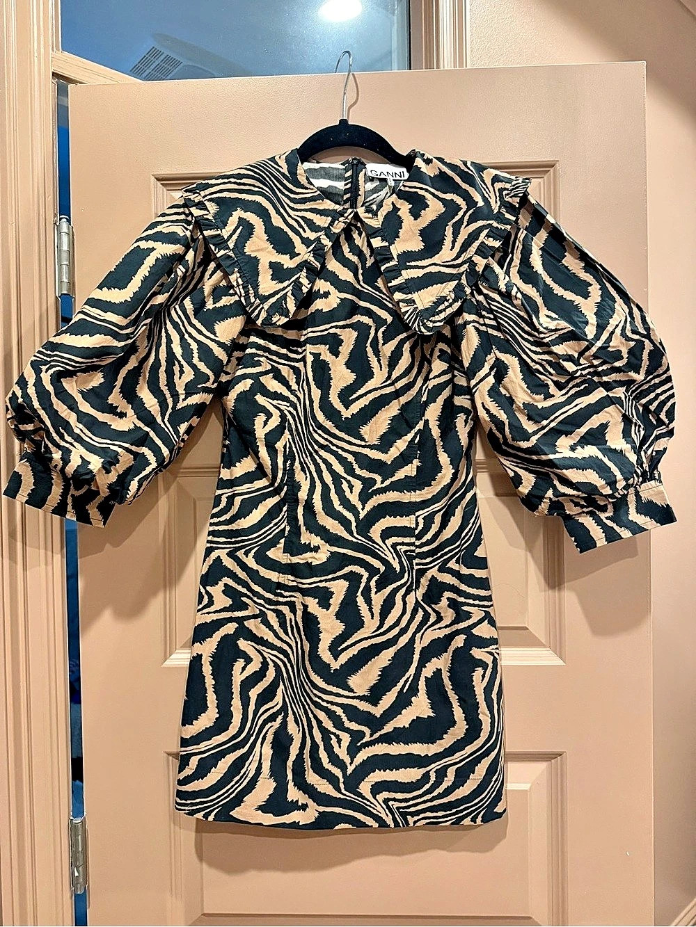 GANNI Zebra Print Cotton Poplin Mini Dress Animal Print Mini Dress in Black &